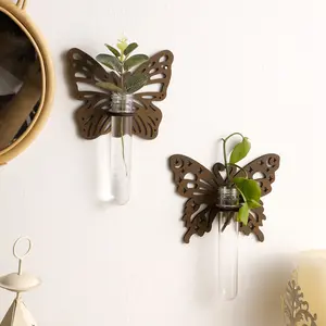 1Pc Wooden Butterfly Plant Propagation Station Wall Hanging – Decorative Butterfly Shaped Wall Planter Hanging Planters for Hydroponic Plants, Cuttings, and Flower Display – Boho Bohemian Style Wooden Material Plant Holder for Home Decor