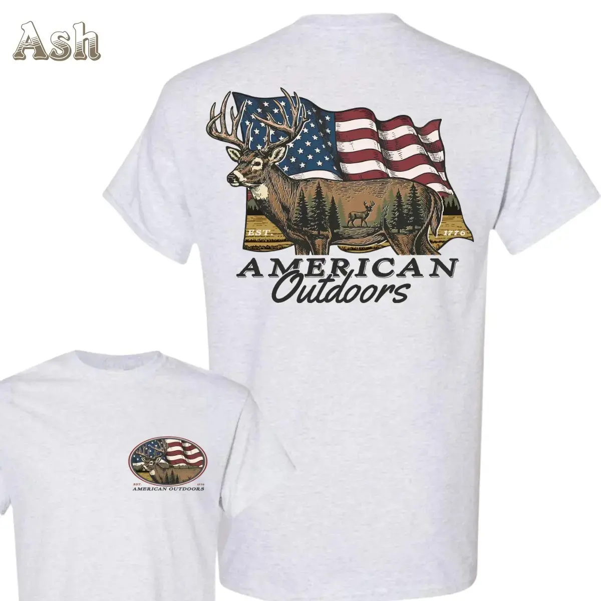 American Outdoors T-Shirt Patriotic Buck Deer American Flag Design Small Front Chest Deer Logo Gift For Deer Hunting Lovers Classic Casual Vintage Top