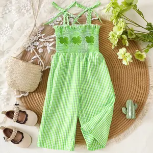 St. Patrick's Day Toddler Clothes Green Checkered Romper with Clover Embroidery Jumpsuit For 6m-4y Girls