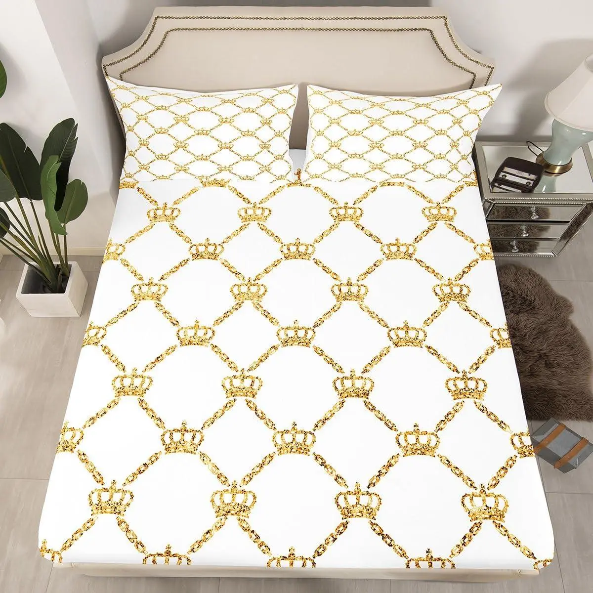 Valentine Day Crown Bedding Sheets White Gold Bed Sheet Set for Lovers Couple Adult Princess Fitted Sheet Fashion Pretty Bed Cover ,（No Flat Sheet）