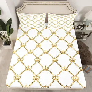 Valentine Day Crown Bedding Sheets White Gold Bed Sheet Set for Lovers Couple Adult Princess Fitted Sheet Fashion Pretty Bed Cover ,（No Flat Sheet）
