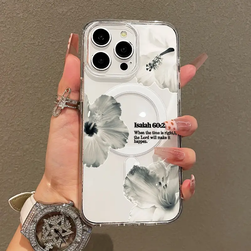 Soft Girl Magnetic Case for iPhone11/12/13/14/15/16/17/promax, Black White Hibiscus Faith Quote Lightweight, Drop-Proof, MagSafe Compatible | Perfect for Teen Girls