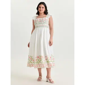 BloomChic Women's Plus Size Casual Ditsy Floral Polyester Maxi Dress with Smocked Bodice, Cap Sleeves and Side Pockets, Smooth
