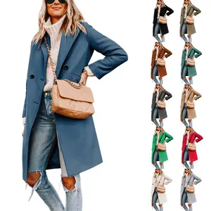 WoodBerry Women's Winter Wool Coat Casual Notch Lapel Single-Breasted Peacoat Trench Knee-length Overcoat Womenswear Outerwear with Two Side Pockets