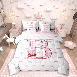 Pink Bowknot 7 Piece Comforter Set,Initial B Letter Bed in A Bag,Buffalo Plaid Cherry Monogrammed Bedding Sets