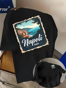 Men's Fashion T-Shirt with Naples Italy Coast Letter Print, Comfortable Loose Fit, Dual-Sided Pattern, Lightweight Summer Streetwear