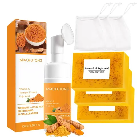 Turmeric + Kojic 2-Piece Facial Wash & Care Multi-Pack - Gentle Lemon Foam Mousse Cleanser, Normal Skin Soap for Adults, Deep Cleansing Brightening Daily Facial Cleanser