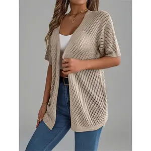 Women's Plain Hollow Out Open Front Sweater Cardigan without Bottom, Casual Fitted Short Sleeve Knitwear for Summer, Fashion Women's Knit Clothing for Daily Wear