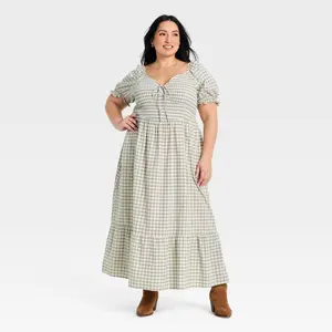 Women's Western Puff Short Sleeve Smocked Midi A-Line Dress - Universal Thread Green Gingham XXL