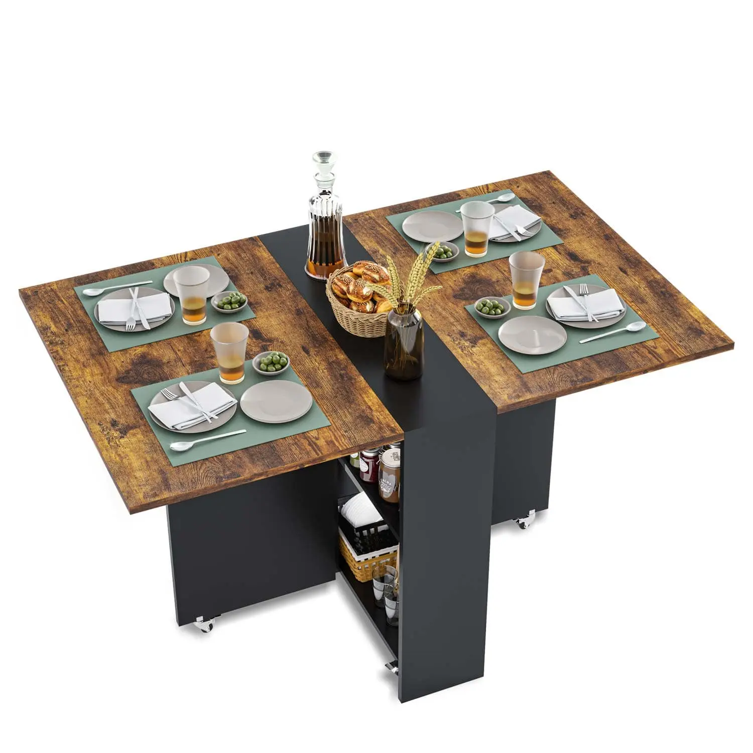 SIKAIC Folding Portable Modern Extension Dining Table with Storage Shelf, Brown and Black Indoor Apartment Tables & Desks Furniture, Portable Table