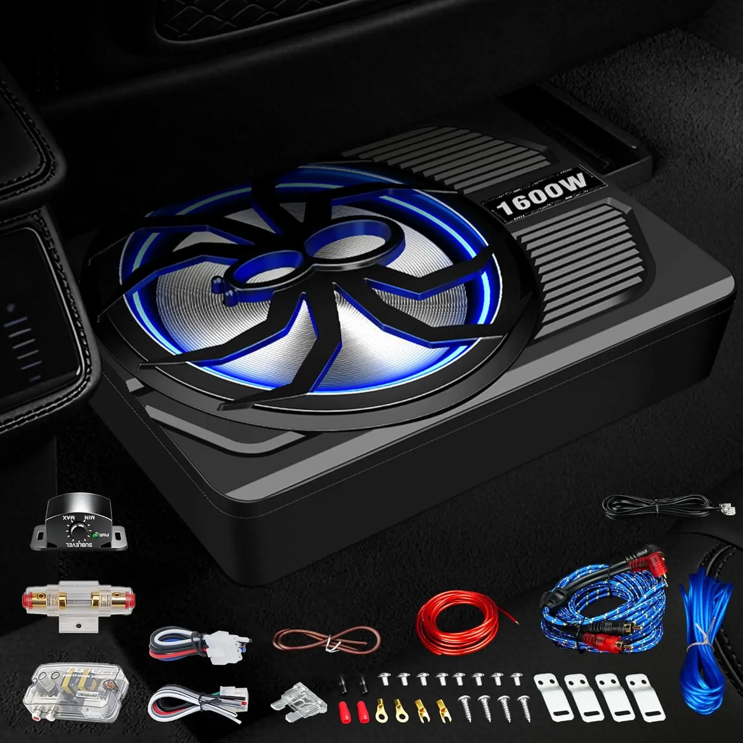 TANVSO 2026 Upgrade 1600W Slim Under-Seat Car Subwoofer with Class D Built-In Amplifier, RGB Blue Pulse Light, low-Pass, Gain & Bass Boost Controls, Built-In Sub-Acoustic Filter Load @20Hz - Father's Day Gift for Cars, Trucks