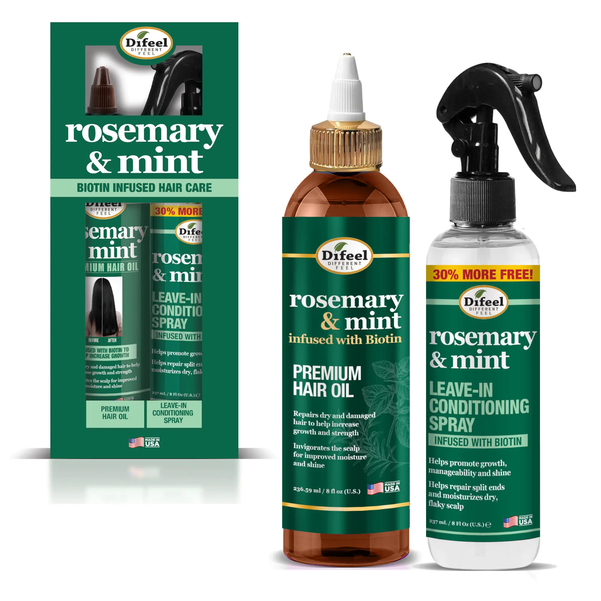 Difeel Rosemary & Mint Hair Oil 8oz & Leave in Conditioning Spray 8oz 2-PC Gift Set Difeel Rosemary & Mint Hair Oil 8oz & Leave in Conditioning Spray 8oz 2-PC Gift Set