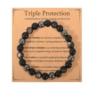 Natural Tiger Eye Stone Triple Protection Bracelet for Men and Women, Healing Crystal Gift Bracelet for Protection and Style