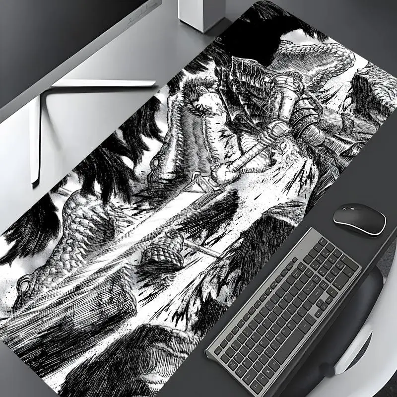 Vintage Anime Dragon Slayer Black White Battle Scene Large Game Mouse Pad,Aesthetic Desktop Decoration Protection Pad,Rubber Pad Non-slip Lock Edge Work Pad,multi-size mouse pad suitable for laptop,computer games, Desktop Accessory, Desk Accessories