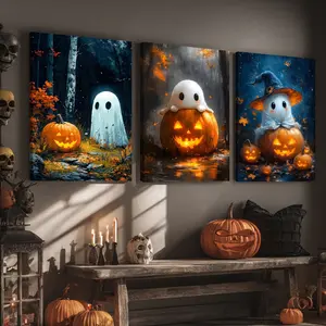 3 Counts Wooden Framed Canvas, Ghost on Pumpkin Poster, Halloween Home Poster, Halloween Party Decorations, Living Room And Bedroom Hanging Paintings, Horror Theme, Interesting Posters, Exquisite Gifts, High-Definition Art
