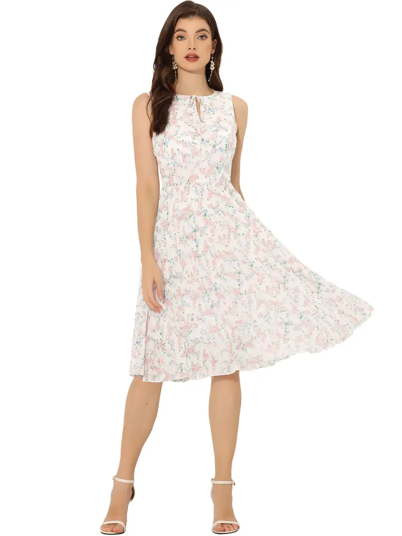 INSPIRE CHIC Floral Print Summer A-Line Below Knee Length Sleeveless Pleated Dress White