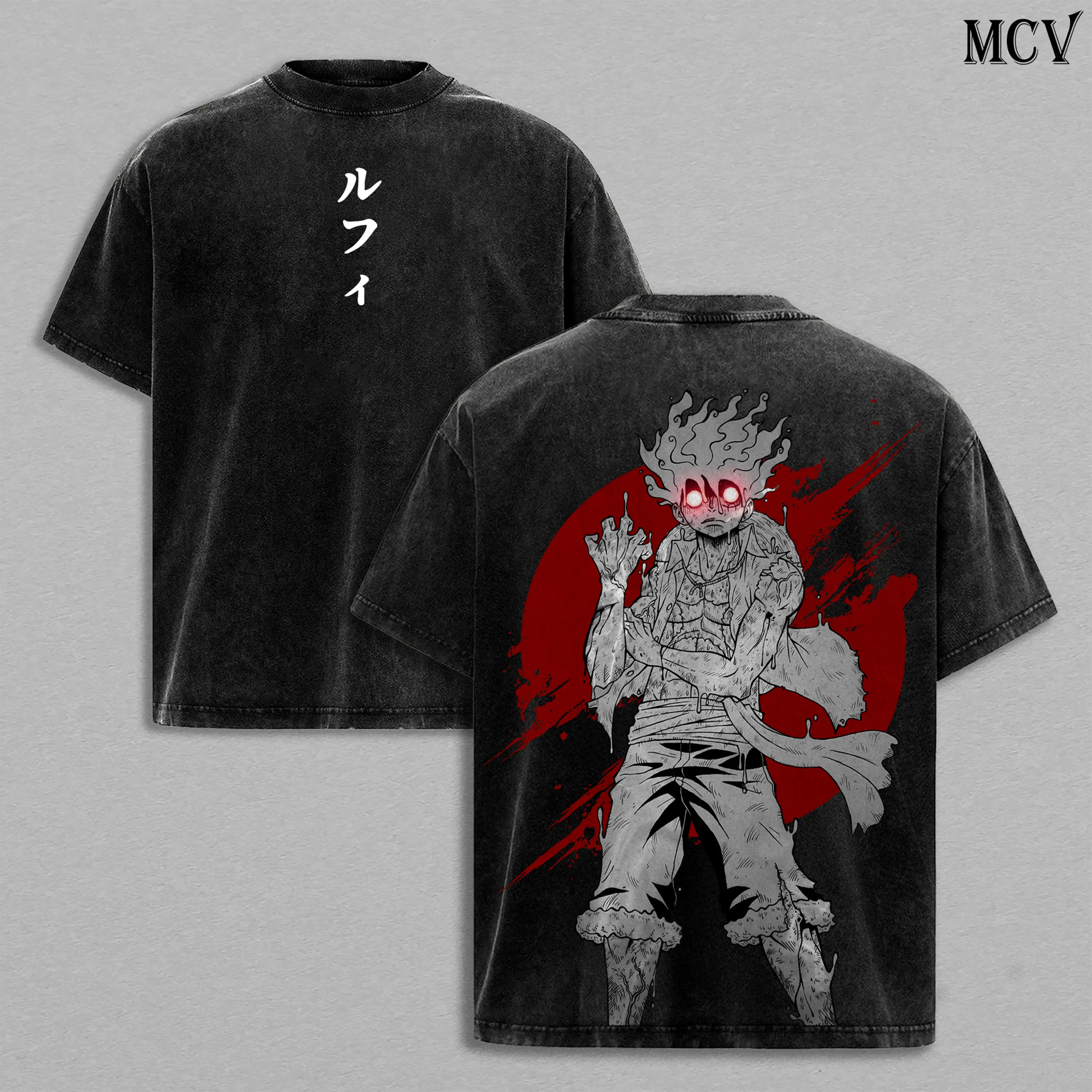 Lufy Gear V Washed Tee – Toon Force Pirate Anime Graphic Double Printed T-Shirt, Monkey Boy Menswear Heavy Cotton Unisex Oversize Streetwear Vintage Sun Warrior Edition