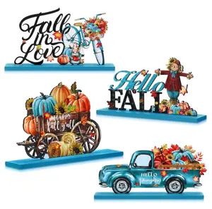 4 Pcs Fall Thanksgiving Wooden Table Decorations Blue Autumn Harvest Table Centerpieces Hello Fall Gnome Pumpkin Truck Bicycle Wood Sign for Thanksgiving Party Farmhouse Home Decor