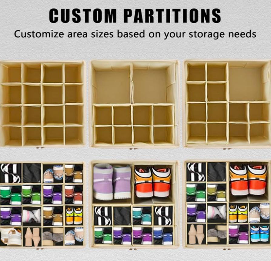 16-Slot White Shoe Storage Box Oxford Cloth Material with PVC Clear Cover Adjustable Dividers Reinforced Handles Holds 16 Pairs Durable Breathable Stackable Design