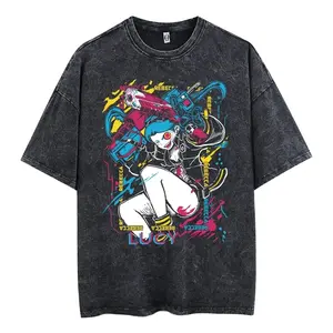 Vintage Washed Black Graphic T-Shirt, Men’s Oversized Streetwear Tee with Neon Cyber Girl & Bold Graffiti Print, Soft Cotton Loose Fit Casual Daily Wear