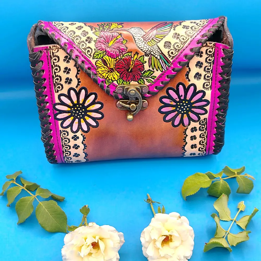Hand-Painted Natural Leather Bag, Mexican Art Design