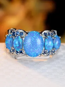 Luxury Blue Synthetic Opal Rings Unique Stackable Band Rings for Women & Man Delicate Jewelry Perfect for Engagement Weddings Party, Daily Wear Anniversary Gift