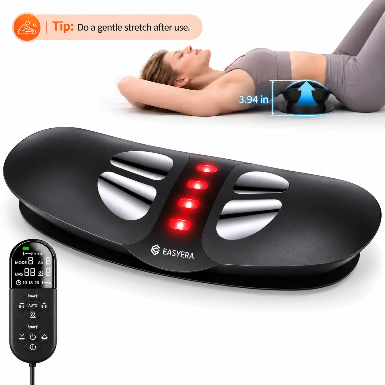 EASYERA Lumbar Massager for Lower Back, Electric Back Stretcher with 8-Level Traction, 5-Level Heat, 3 Vibration Levels, Red Light, 3 Auto Modes, Cordless, Thanksgiving Gifts for Mom & Dad, Holiday Gift Ideas