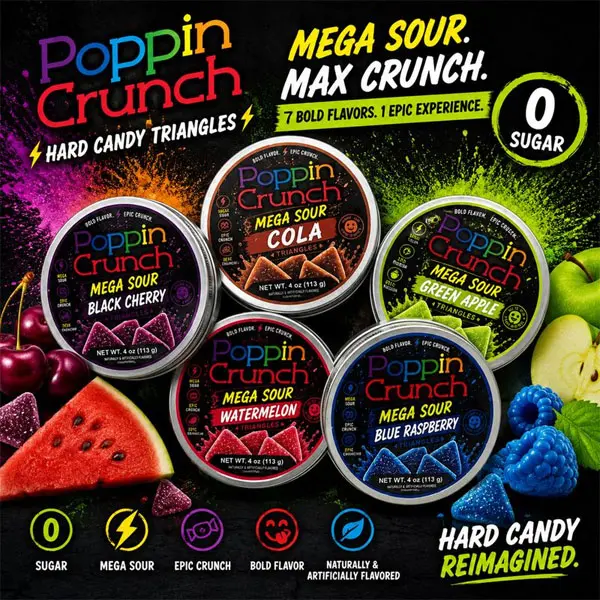 NEW !!! Poppin Crunch Sugar Free Mega Sour Candy Triangles