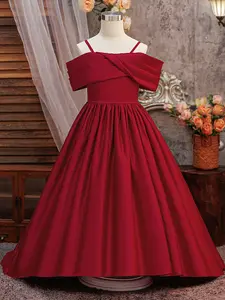 Maroon Kids Clothes Straps Long Ball Gown Children Performance Princess Formal Evening Party Pageant Prom Host Cocktail Dress Flower Girls for all Season 8 to 12 Years
