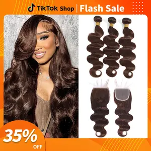 Body Wave Bundles with Lace Frontal Chocolate Brown Bundles Glossy Hair Bundles Brazilian Raw human hair bundles 100% Unprocessed Brazilian Virgin Hair Bundles Quick Weave Hair Extension 100% human hair bundles with lace closure and frontal