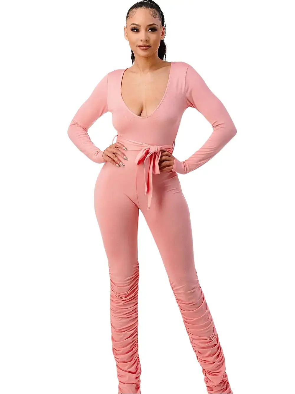 Solid V Neck Jumpsuit with Waisted Tie adn Ruched Leggings