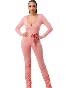 Solid V Neck Jumpsuit with Waisted Tie adn Ruched Leggings