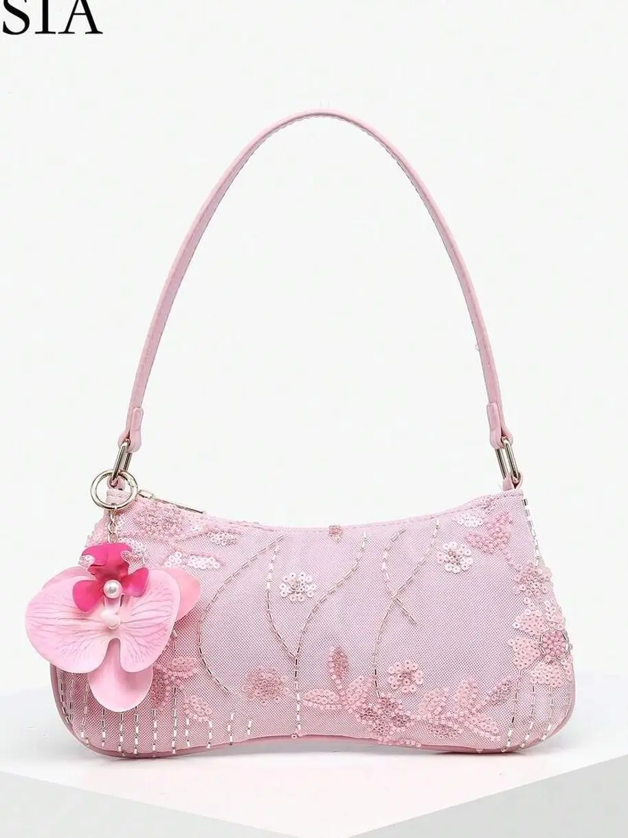 Women’s Pink Floral Baguette Shoulder Bag, Sequin Embroidered Purse with Orchid Charm, Y2K Coquette Going Out Handbag