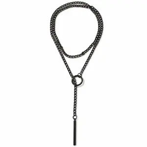 Lariat Y Necklace for Women, Adjustable Punk Gothic Cuban Link Chain Black Stainless Steel with O Ring Bar Pendant, Halloween Jewelry Gift