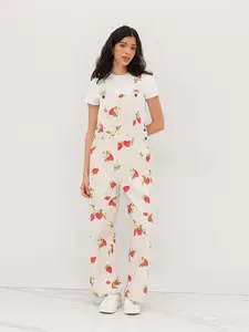 Cider 100% Cotton Square Neck Strawberry Wide Leg Jumpsuit