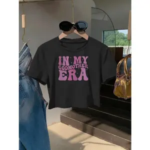 In My Godmother Era Graphic Crop Tee Women Cute Trendy Vintage Letter Print Short Sleeve Crewneck Summer Casual Streetwear Outfit Top