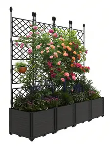 4Pcs Plastic Plant Box With Metal Trellis, Raised Garden Bed With Trellis Planter For Climbing Plant Outdoor Raised Planter Box Privacy Screen For Patio Balcony,Planter Box For Backyard Patio Elevated Planting Boxes