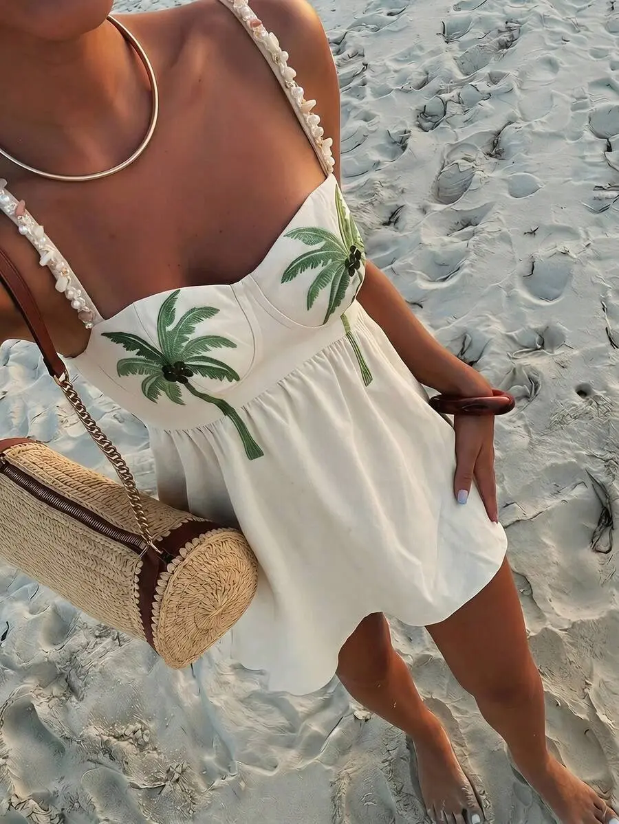 Y2KSTYLE Women's Bohemian Coconut Tree Embroidered A-Line Mini Dress, Summer Beach Vacation Wear