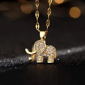 Cute Elephant Cubic Zirconia Pendant Necklace Gold-color Copper Metal Jewelry Sparkling Stone Detail Unisex Daily Wear Camping Hiking Party Accessory
