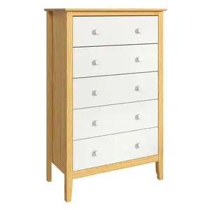 212 MAIN Easy Pieces 55414 Solid Pine 5-Drawer Dresser with Natural & White Front, White & Natural Knobs, 5 Drawers with Smooth Glides for Indoor Use, Solid Wood Dresser, Drawer Dresser Cabinet