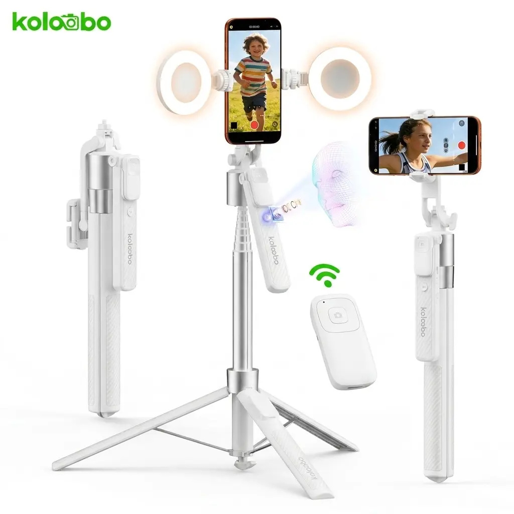Koloobo 360° Rotatable AI Face Tracking Selfie Stick Tripod & Monopod with Lanyard, Storage, Cable, Stabilizer Gimbal, 2 Optional Fill Lights, Bluetooth Remote, Textured Black Cellphone Device Accessory for Travel Recording Filming