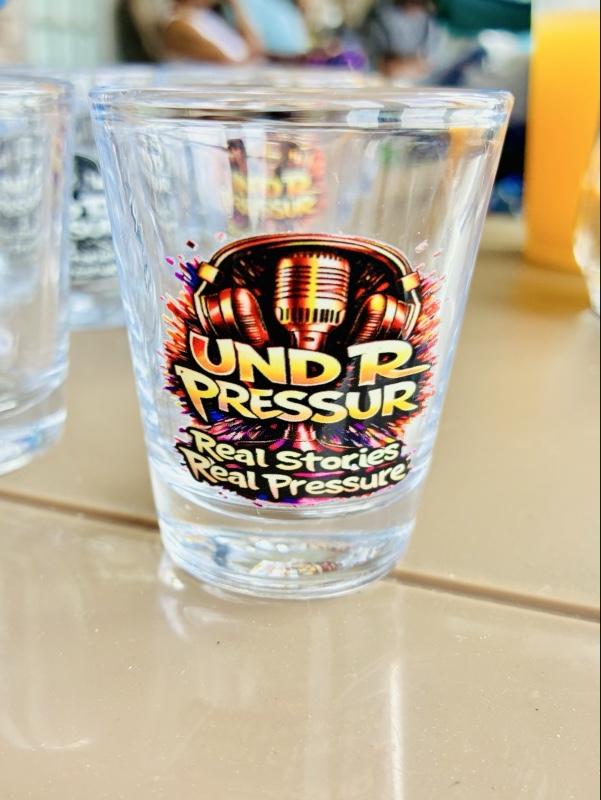 UND R PRESSUR™️ Shot Glass Collection - Premium Clear Glass with UV DTF Print - Real Stories Real Pressure - Perfect for Podcast Fans & Creators - Unique Gifts & Brand Merch - Drinkware, Mugs