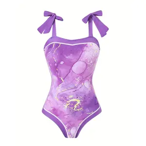 Purple Marble Pattern 2pcs Swimsuit Set - High Stretch Polyester & Elastane, Removable Pads, Knit Fabric, Bow Shoulder Straps, Sheer Sarong - All-Season Beachwear for Women