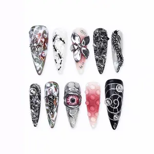 Long Stiletto Gothic 3D Press-On Nails — Chrome Eye, Ants, Tentacles Horror Art Set DEXR