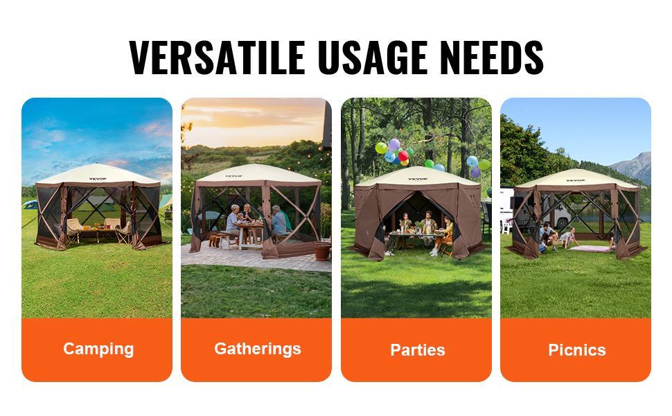 VEVOR Camping Gazebo Screen Tent, 12*12ft, 6 Sided Pop-up Canopy Shelter Tent with Mesh Windows, Portable Carry Bag, Stakes, Large Shade Tents for Outdoor Camping, Lawn and Backyard, Brown/Beige