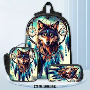 Dream Catcher Wolf, 3pcs backpack, lunch bag pencil case, 17-inch computer backpack, lightweight hiking backpack for shopping, fitness, yoga, hiking, beach, work