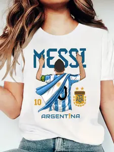 Casual Loose Fit Shoulder Drop Fan Style Messi Celebration Backless Slimming Short Sleeve T-Shirt, Daily Versatile Top