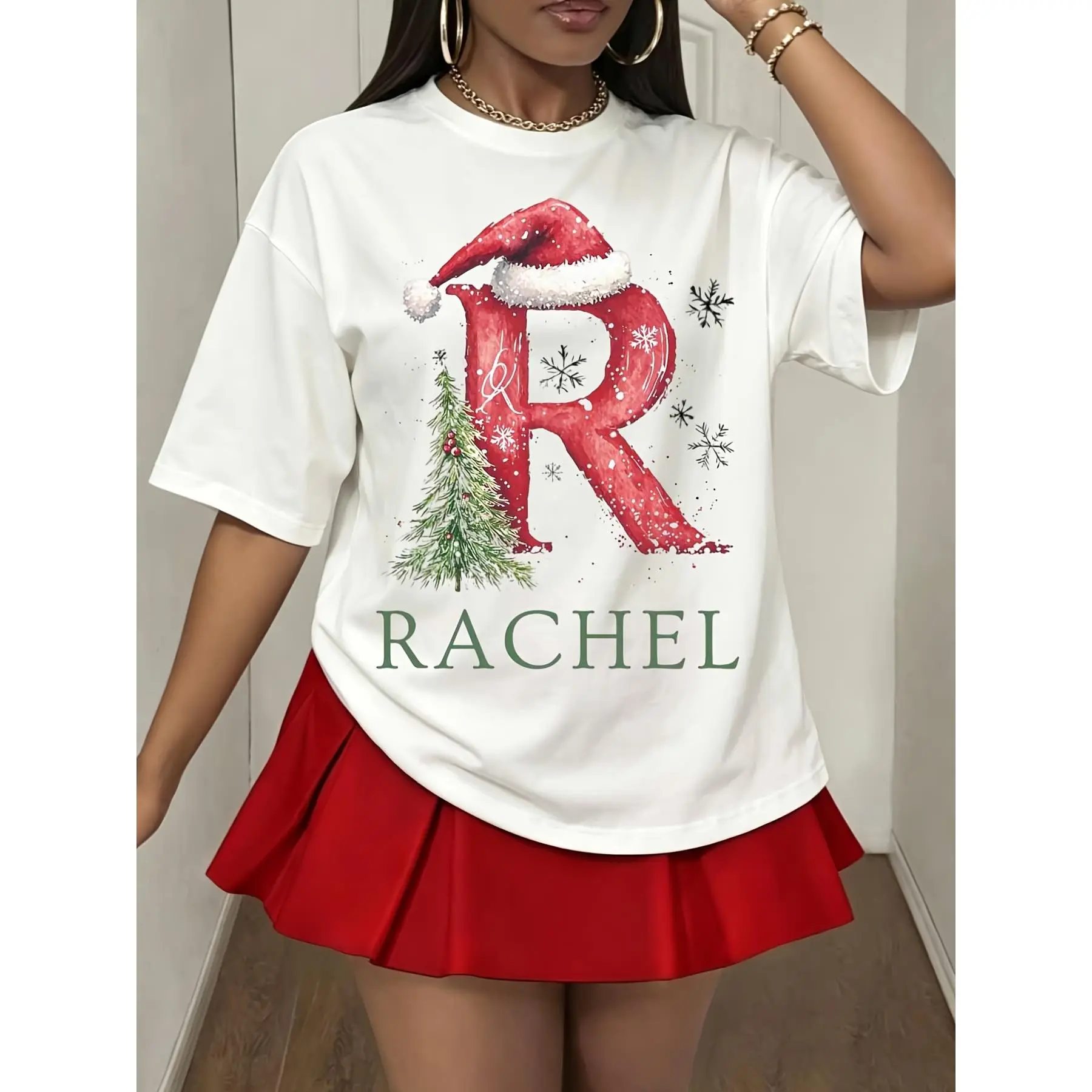 Women's Christmas Graphic T-Shirt - Personalized Name R Print, Santa Hat Snowflake Design, Flat-Round Neck, Breathable Casual Essential Top