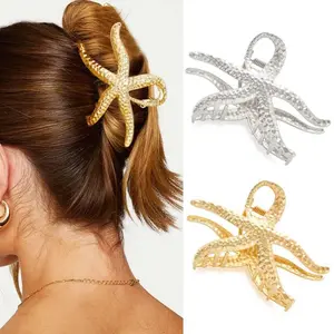 1PC Starfish - Shaped Hair Claw Clips, Gold & Silver Textured Metal Hair Grips, Chic Beachy Hair Accessories for Women