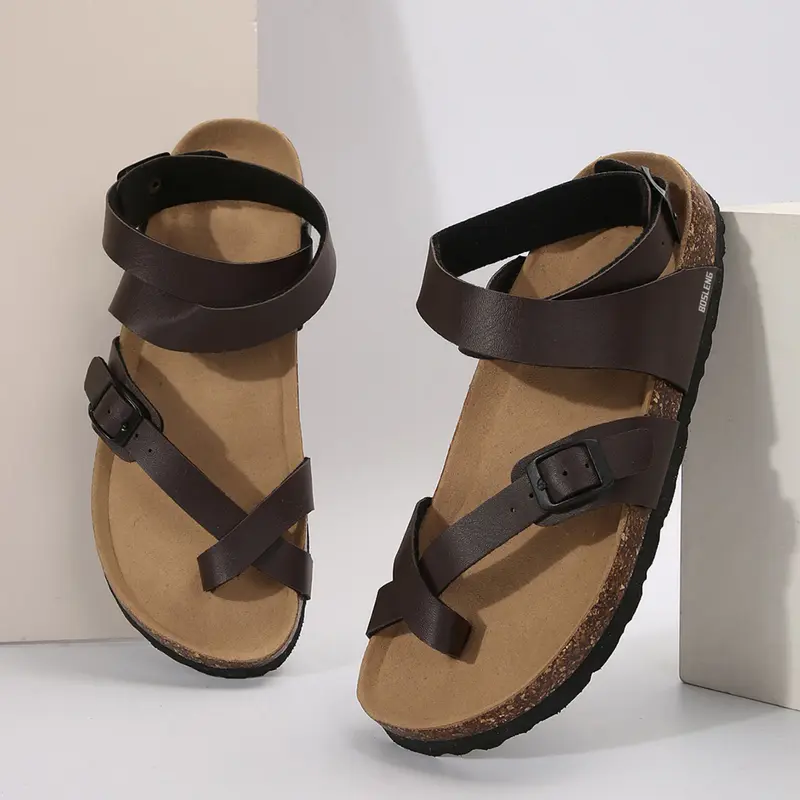 Womens Strappy Flat Sandals Comfortable Ring Toe Casual Sandals Ankle Strap Summer Beach Shoes